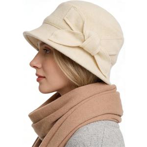 Women Felt Bucket Hat Vintage Floral Wool Dress Winter Hats (Medium, Bow-cream)