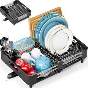 Dish Drying Rack for Kitchen Counter, Extendable Dish Rack with Drainboard, Collapsible dish drainer, Expandable Dish Strainer with Cutlery Holder, Foldable Home Countertop Plate Storage Rack, Black