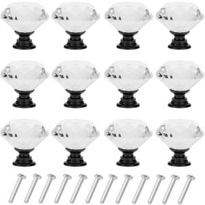 12 Pack Drawer Knobs Diamond Shaped Crystal Glass 30mm Cabinet Knobs Pull Handles (Black)