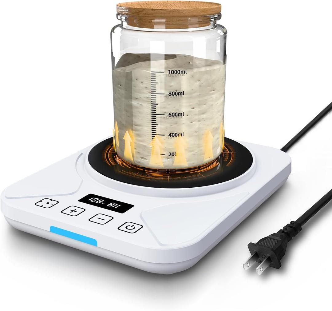 Sourdough Starter Warmer Mat - 24H Timer - Precise 1F Thermostat Control (70-100F) - Smart Memory Warming On/Off - Fits Jars Up to 40oz - Perfect for Home Baking (Moonlight White)