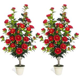 2 Pack Artificial Camellia Tree 43" Fake Tree with 36 Blooming Flowers; 3.6FT Faux Tall Camellia Plants in White Pot,Greenery Potted Plant for Indoor & Outdoor Home Office Porch Decor(Red)