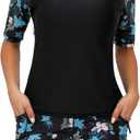 Tournesol Women's Two Piece Rash Guard Short Sleeve Swim Shirts UPF 50+ Built in Bra Swimsuit with Boyshorts with Pockets (Large, Black & Blue Flower)