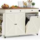 VASAGLE Mobile Kitchen Island with Trash Can Storage, Drop Leaf, Portable Island with Spice Rack, Mobile Cart with Storage Cabinet, for Dining Room, Rustic White and Honey Brown UKKI014WJ01S, x 56.9"w x 35.7"h