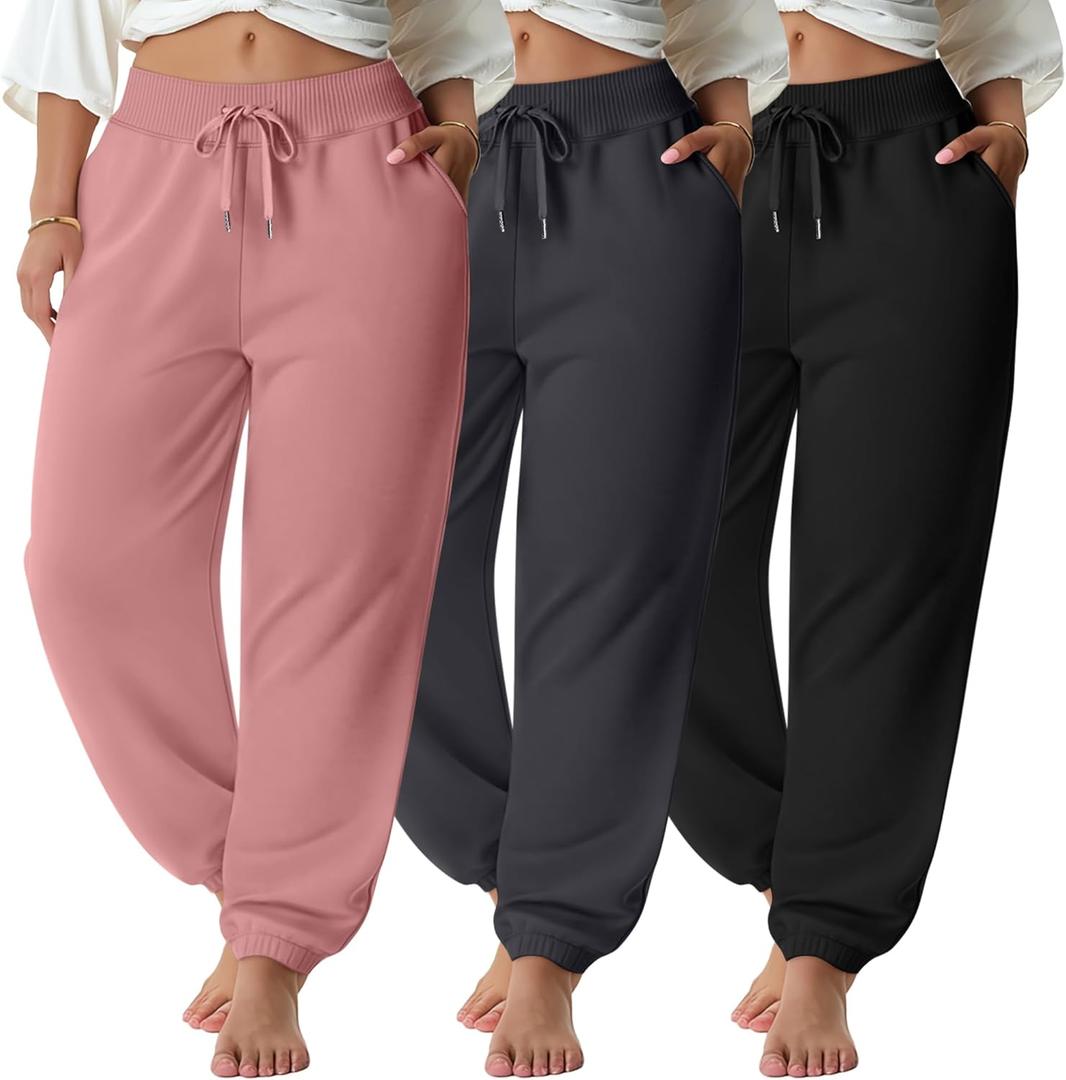 Oakgarden 3 Pack Women's Plus Size Sweatpants Joggers Tapered Elastic Waist with Pockets Workout Athletic Lounge Yoga Pants (XX-Large, Black, Dark Gray, Pink)