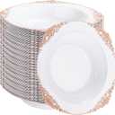 100PCS Rose Gold Plastic Bowls - 12 oz Disposable Salad Bowls - Heavy Duty Disposable Soup Bowl - Fancy Plastic Ice Cream Bowl for Weddings Parties Catering Picnics