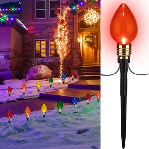 2 Pack C9 Christmas Pathway Lights Outdoor, Total 34.8 Ft 20 LED C9 Pathway Light, Waterproof Connectable Walkway Lights for Yard Ground Sidewalk Driveway Christmas Decorations (Multicolor)