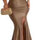 Womens Off Shoulder Sexy V Neck High Split Long Maxi Dress, Formal Cocktail Party Evening Gown Mermaid Dress (Large, Single Shoulder - Gold Brown)