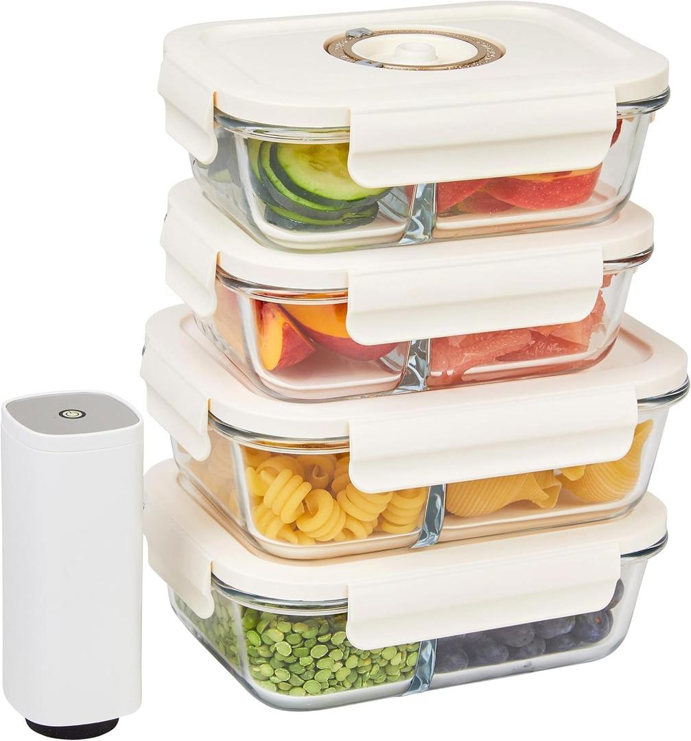 HOLDN STORAGE Vacuum Food Storage Containers, Set of 4 Compartment Containers plus an Electronic Vacuum Pump  Keep Food Fresh Longer, BPA-Free Glass, Leak-Proof, Ideal for Meal Prep, Marinating.