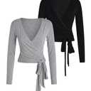 SweatyRocks Women's Pilates Outfits Wrap Tops Ballet Yoga Coquette Shirt Cute Long Sleeve Workout Activewear Black and Grey Medium