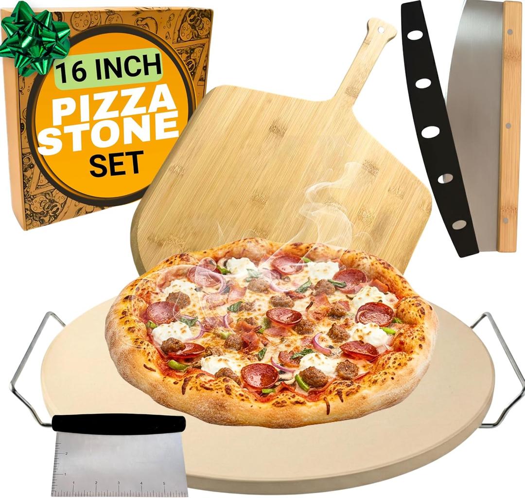 Large Pizza Stone for Oven 16 inch - Round Pizza Stone for Grill with Handles, Wood Pizza Peel and Cutter Set - Baking Stone for Bread - Pizza Making Kit Accessories - Gifts for Food Lovers