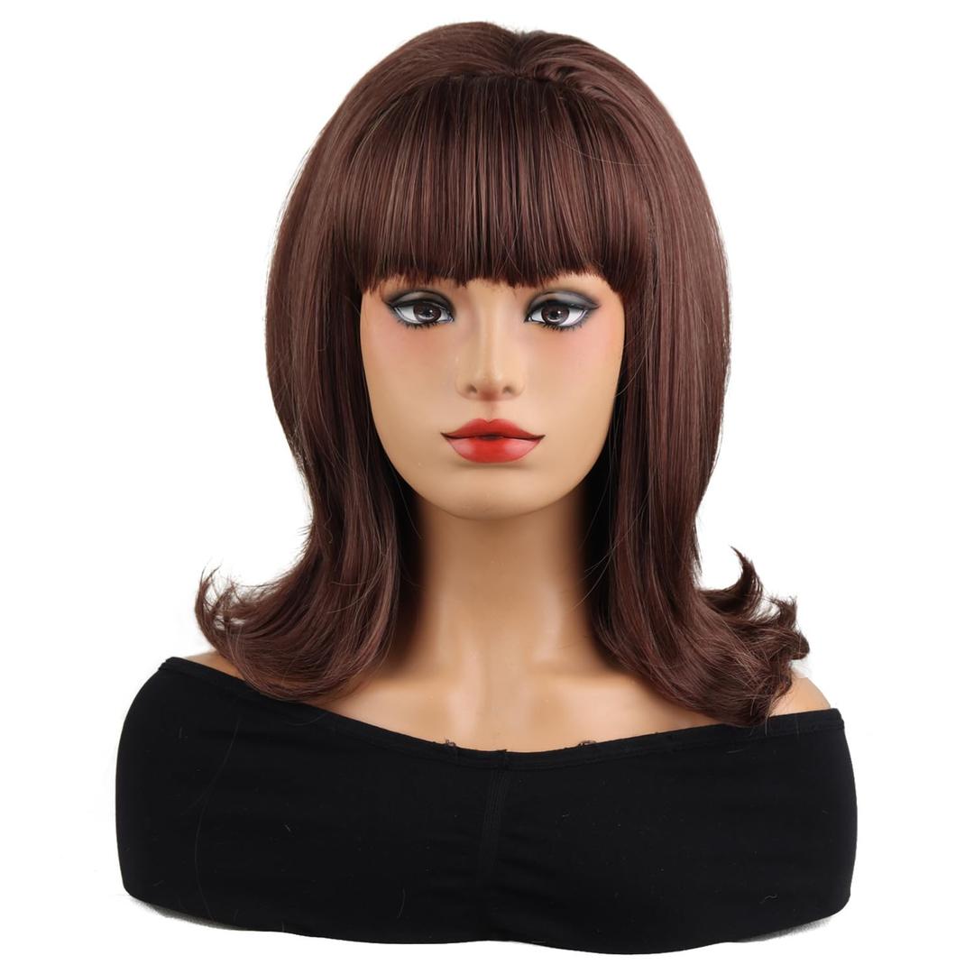 MAGQOO Brown Wigs Women Short Brown Mixed Wig with Bangs Retro Bouffant Beehive Wigs 60s 70s 80s Costume Cosplay Halloween Party with Wig Cap