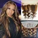 AUROO Honey Blonde Highlight Body Wave 13x4 Frontal Human Hair 20 In, 100% 12A Brazilian Virgin Ombre Brown Transparent Lace Frontal Closure Pre Plucked with Baby Hair P4/27 Balayage Wavy Hair Remy