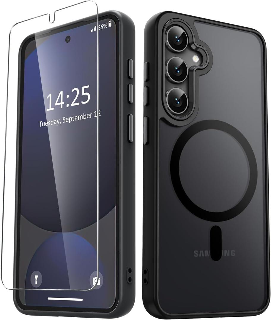 YENAPOON for Samsung Galaxy S25 Case, Matte Magnetic Phone Case with 1 Screen Protector, Support for Magsafe, Translucent Frosted Shockproof Protective Cover for Samsung Galaxy S25, Black