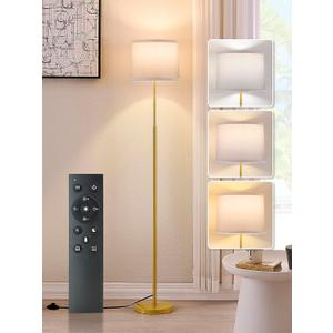 60" Modern Floor Lamp for Living Room, Standing Lamp with White Linen Lampshade, Remote and Foot Switch, Tall Lamp with A19 9W 3000K-6000K Color Temperature 10%-100% Brightness Dimmable Bulb, Gold