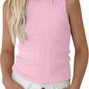Girls' Sleeveless Tank Tops Ribbed Crew Neck Undershirts Stretch Athletic Tanks Soft Solid Top for Kids 5-6 Years