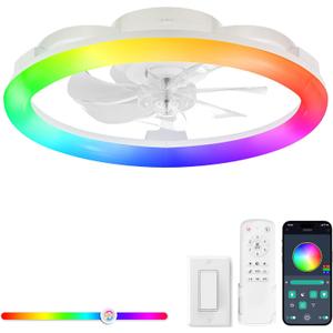 LEDIARY RGB Low Profile Ceiling Fans with Lights and Remote, 20 Inch Dimmable Modern Ceiling Fan(3000K-6000K), 6 Speed, Reversible, APP & Remote Control, Flush Mount Fan Light, White RGB Ceiling Fans