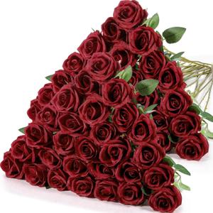 Hotop 40 Pcs Rose Artificial Flowers Bulk with Long Stem,Realistic Silk Fake Roses Bouquet for Home Wedding Centerpieces Party Table Decoration Valentines Gifts(Wine Red)
