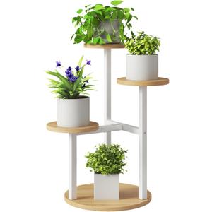IBUYKE 4 Tier Plant Stand Indoor, Metal Wood Plant Shelf for Multiple Plants, Small Tiered Corner Flower Pot Stand for Living Room Patio Balcony Garden, White TMJ073R
