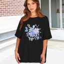 Oversized Tshirts for Women Summer Short Sleeve Casual Basic Tee Tops Loose Fit Shirts, Black Flower Butterfly, 3XL