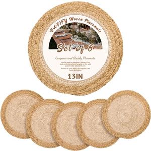 13 in Round Woven Placemats Plate Chargers Set of 6, Chargers for Dining Table Decor Boho Farmhouse Rustic Rattan Wicker Table Mats Jute Braided Place Mats Chargers for Dinner Plates (Natural Beige & Light Brown)