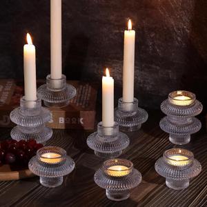 Glass Candlestick Holders 10 Pcs  Clear Ribbed Taper Candle Holders, Vintage Votive Candle Holders for Table Centerpiece, Wedding Christmas Dinner Party Decorations