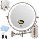 FUNTOUCH 3X/20X Wall Mounted Lighted Makeup Mirror,5000mAh Rechargeable Double Sided Magnifying Bathroom Mirror with Lights,3 Color Lighting,Touch Dimmable,Extended Arm 360 Rotation Light up Mirrors
