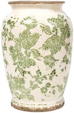 Vintage Vase for Flowers, Green Floral Chinoiserie Vase, Rustic Ceramic Vases, Large Ceramic Vases for Living Room, Office, Shelf, Tuscan Decor, Chinoiserie Decor, 7.8 Inch