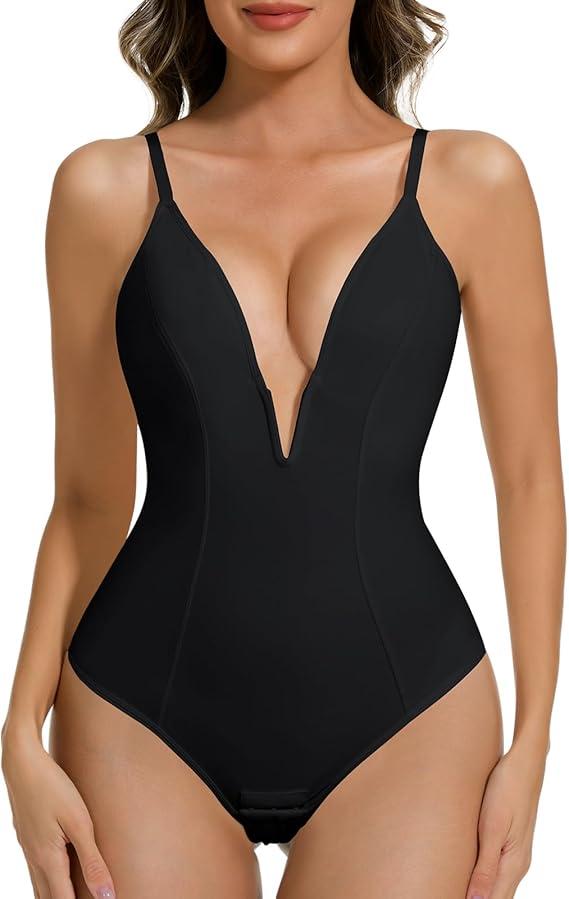 Deep V Bodysuit for Women Thong Shapewear Tummy Control Low Back Shapewear for Women, Black, Size M
