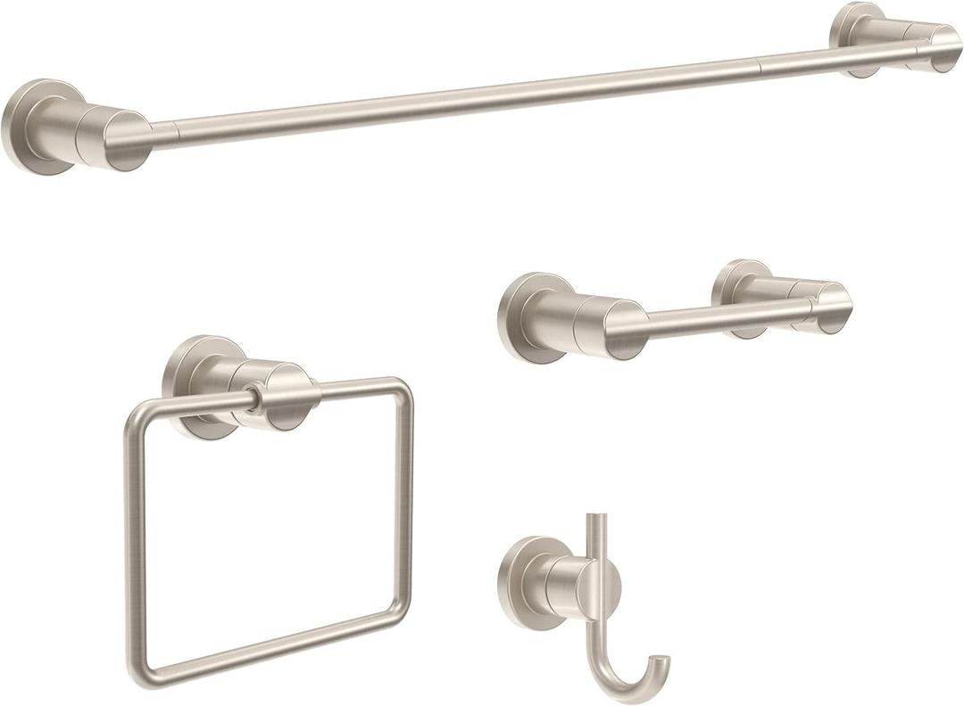 Delta 4-Piece SpotShield Brushed Nickel Bathroom Set Towel Rack, Ring, Toilet Paper Holder, Hook | Nicoli Bath Accessories