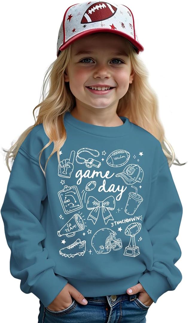 Toddler Girl Boy Game Day Football Sweatshirt Football Doodles Pullover Long Sleeve Shirt Kids Rugby Sport Fans Outfit (5-6 Years, Blue)