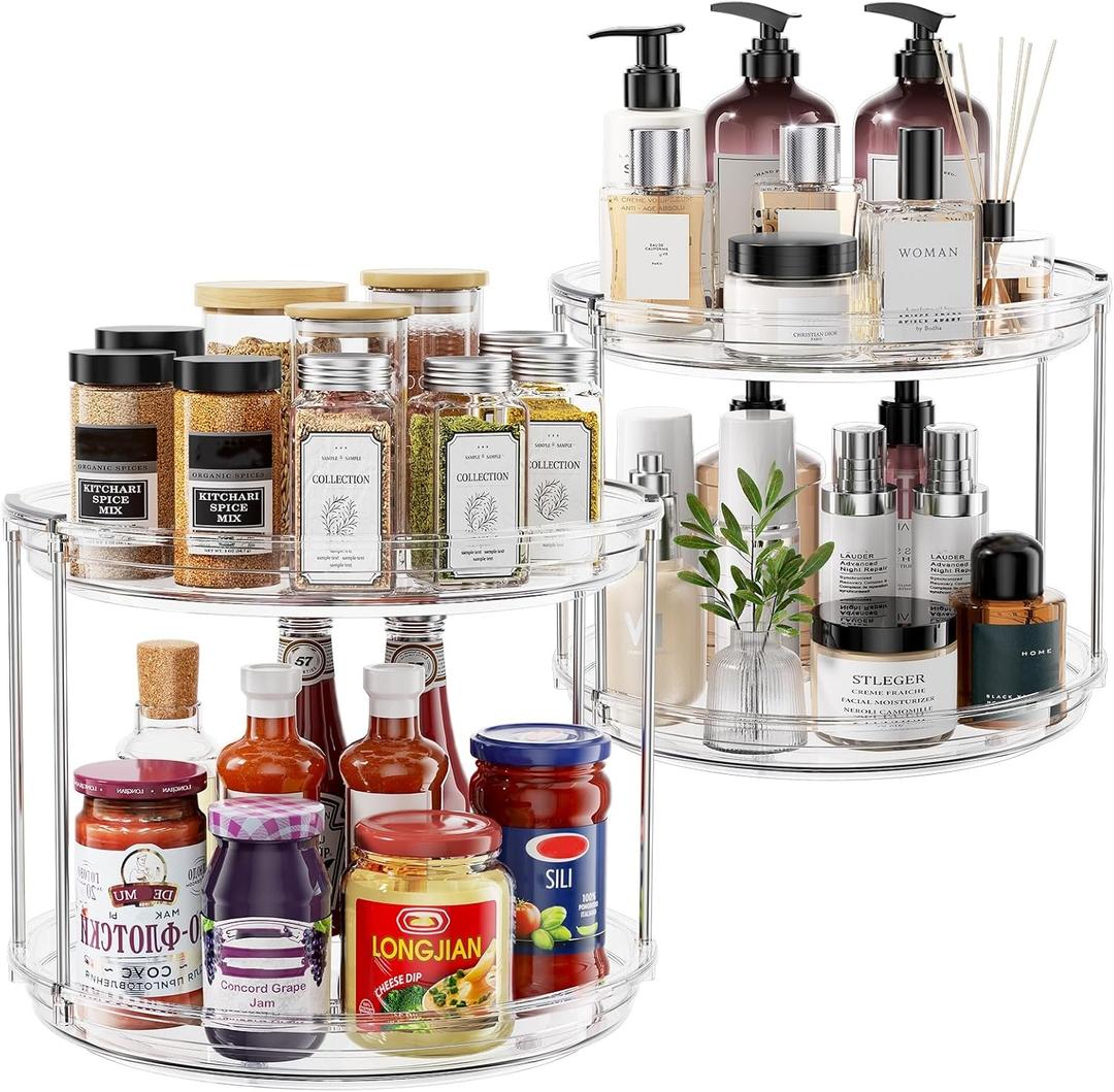 2 Pack 2 Tier Lazy Susan Turntable Organizer 9.25 inch, Rotating Spice Rack Organization for Cabinet, Bathroom, Pantry, Countertop, Kitchen, Vanity, Medicine Cabinet Organizer, Clear