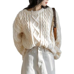 Milumia Women's Chunky Cable Knit Sweater Long Sleeve Crewneck Pullover Tops (Beige, M)