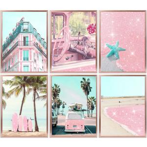 6Pcs pink Coastal Canvas Wall Art Fashion pink Beach Surfboard Wall Decor Pictures Beach Car Coconut Tree Summer Posters Prints for Sea View Room Living Room Bedroom Artwork Home Decoration Unframed