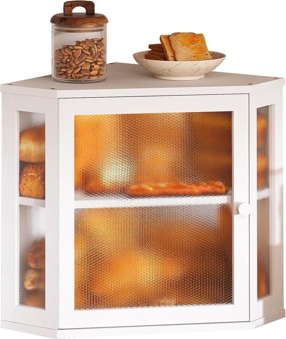 Corner Bread Box for Kitchen Countertop,Bread Storage for Homemade Bread, Double Layer Large Bamboo Kitchen Storage Bin with Window (White, Medium)