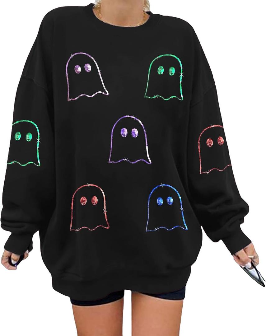 Halloween Sweatshirts for Women Sequin Ghost Long Sleeve Shirt Oversized Spooky Season Pullover Tops (Medium)