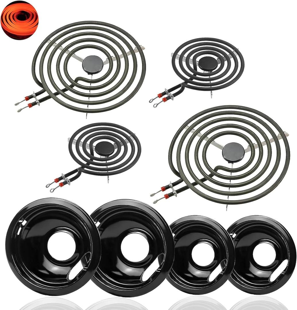 W10290350 W10290353 Range Stove Top Porcelain Drip Pans & MP22YA Electric Range Burner Element Unit Set Fit for Am-ana Whir-lpool Electric Range Stove Burner Drip Pans Set by Fetechmate (BLACK)