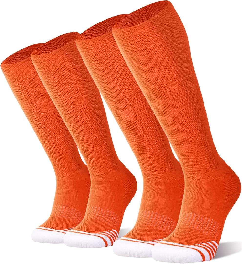 FITRELL 2/3 Pack Baseball Soccer Softball Socks for Kids Youth Men & Women Over-the-Calf Knee High Socks, Orange, X-Small