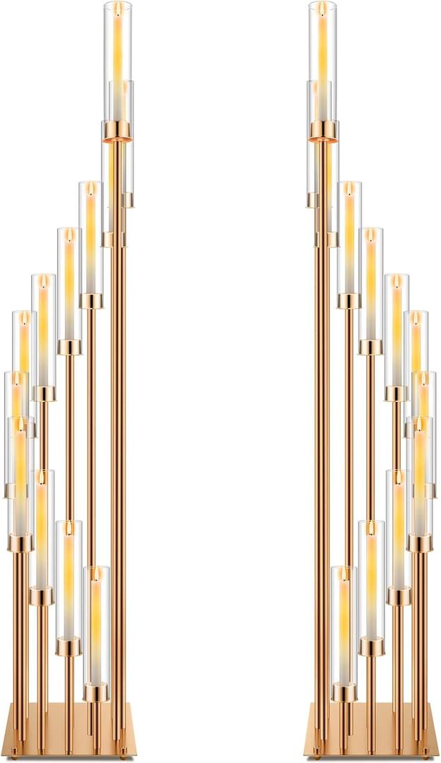Dandat 2 Pcs 12 Arm Candle Holder 57.5 Inch Tall Cluster Candelabras Centerpieces Floor Candelabra Standing with Clear Acrylic Electronic Candle Shades for Wedding Spring Valentines Christmas(Gold)
