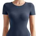 SUUKSESS Women Crew Neck Short Sleeve Thong Bodysuit Shirts Basic Top (Medium, 01 Navy)