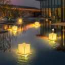 10 Pack 6" Star Shaped Floating Lanterns with Waterproof Wooden Base Sets, Paper Water Lanterns Decoration with LED Tealight Candle (10Sets Lanterns+Candles)