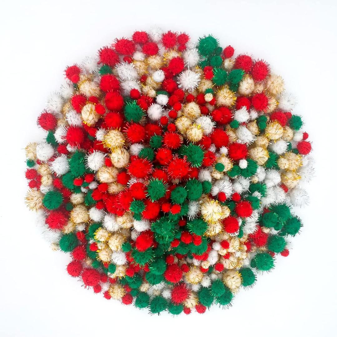 Lusy DM 1500 Pieces Christmas Pom Pom Glitter Pom Pom Balls Christmas Tinsel pom pom for Craft Making and Hobby Supplies (4 Sizes, Gold, White, Red, Green)