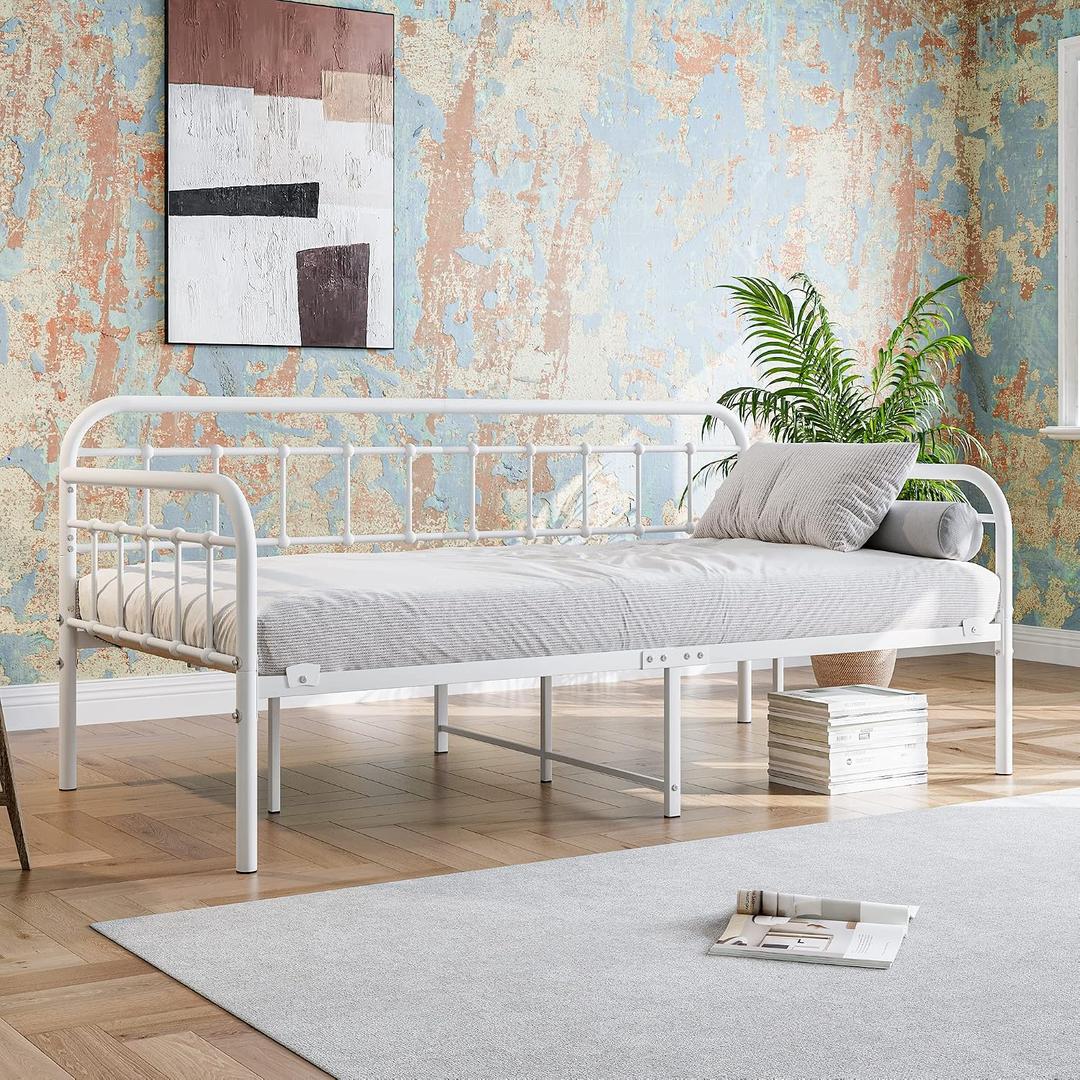 JURMERRY Metal Daybed Frame Twin Size with Steel Slats Platform Furniture, White, Twin without Trundle