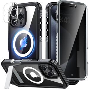 360 Protection Magnetic for iPhone 16 Pro Case Built-in 9H Privacy Screen Protector & Metal Stand[Fit for Magsafe][Anti-Spy][Lens Protector] Heavy Duty Shockproof Phone Case for iPhone 16 Pro