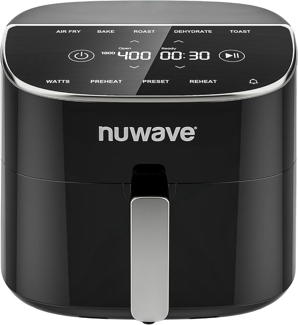 Nuwave Brio Plus 8 Qt Air Fryer, PFAS Free, New & Improved, Digital Touch Screen, Cool White Display, 50F~400F in Precise 5, 5 Cook Functions, 100 Presets & 50 Memory, 3 Wattages 700, 1500, 1800 (Black)