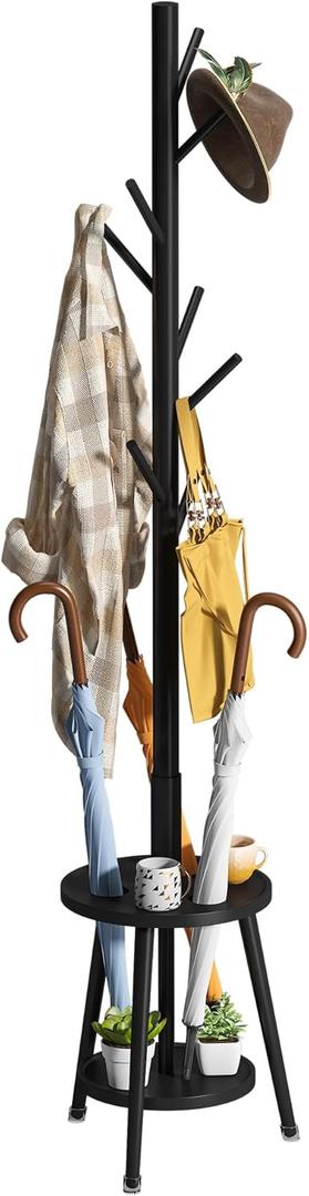 FILWH Freestanding Coat Rack with Umbrella Organizer Tray Bamboo Coat Tree Rack with 8 Hook Stand for Clothes Bag Hats Entryway Hanger Stand (Black)