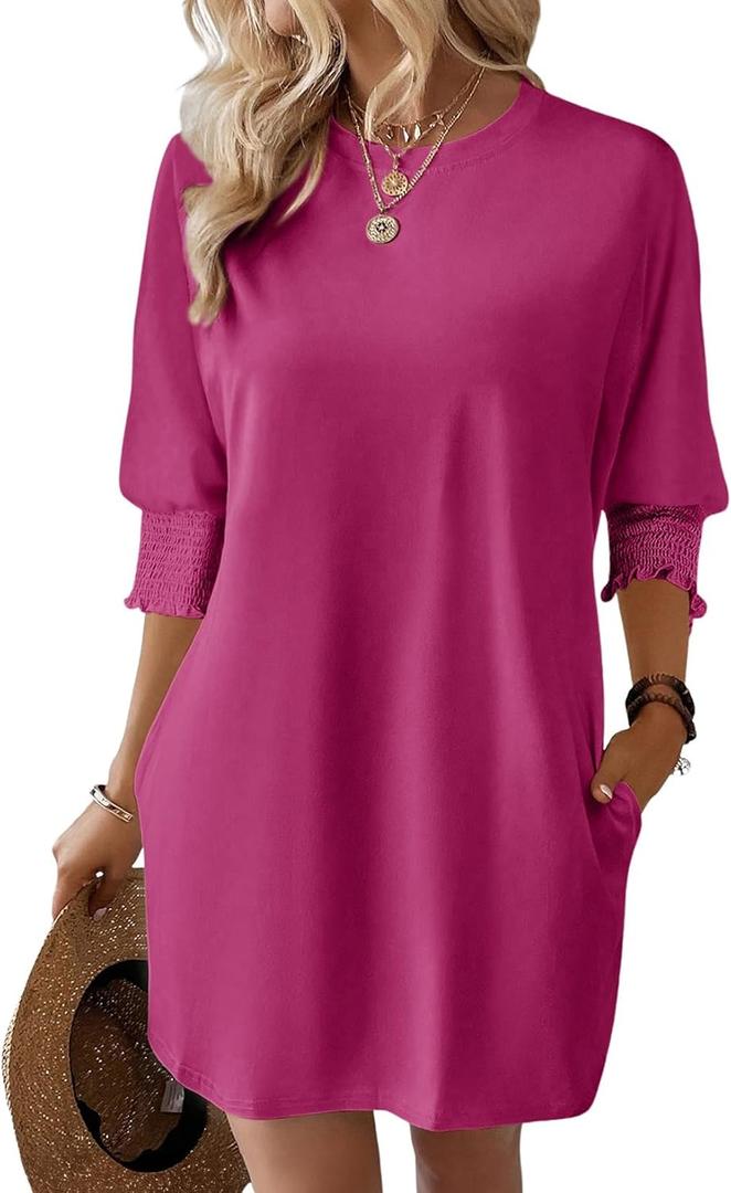 Dokotoo Womens Dresses 2025 Spring 3/4 Sleeve Fashion Dresses Crewneck Casual Mini Dress with Pockets S-XL (Pink, XL)