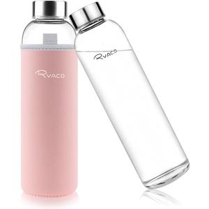 Ryaco Borosilicate Glass Water Bottle 33oz/1L/1000ml BPA-Free Leak Proof Ideal for School Home Office Travel Sport Yoga Gym Hot Cold Drinks with Portable Neoprene Carrying Sleeve and Sponge Brush