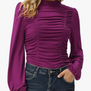 GRACE KARIN Womens Long Lantern Sleeve High-Neck Ruched Front Fitted Blouse, XL