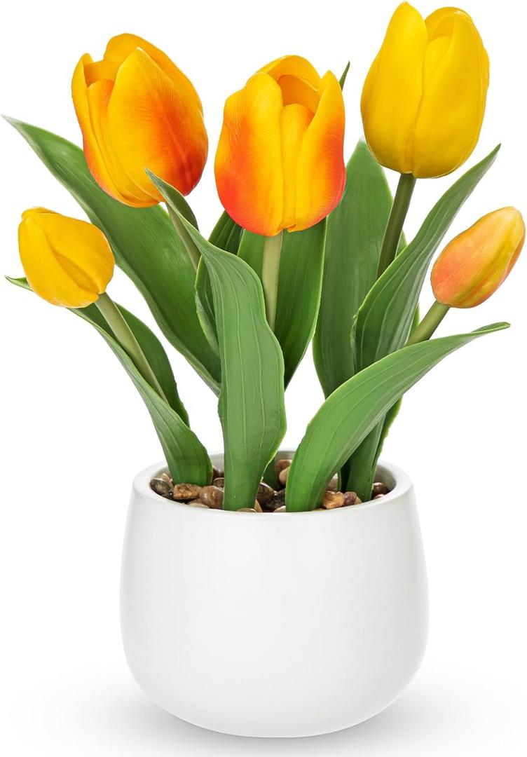 Hollyone Yellow Tulips Artificial Flowers in Vase Fake Tulips Silk Flowers Arrangements Faux Tulip Bulbs with Ceramic Pot Tulip Potted Plants Floral Bouquet for Home Decor Table Centerpiece Decoration
