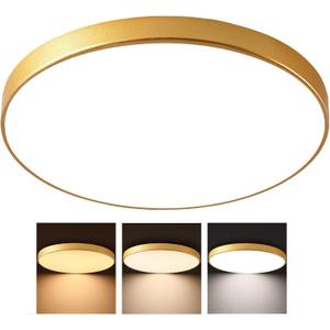 24 Inch Large Gold Round LED Flush Mount Ceiling Light, Modern 3000K/4000K/5000K Temperatures Adjustable 40W Ceiling Lighting Fixture for Bedroom Living Room Kitchen Hallway